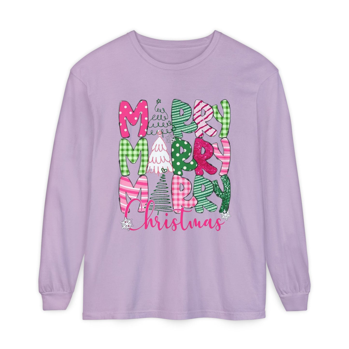 Merry Merry Merry Christmas Pink & Green Design Long Sleeve T-Shirt