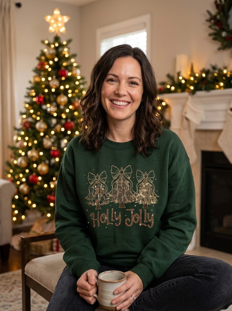 Holly Jolly Camo & Leopard Christmas Tree Womens Crewneck Sweatshirt