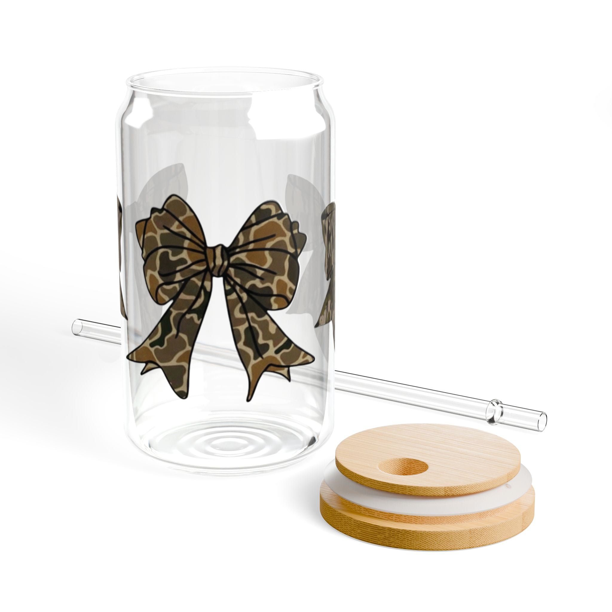 Camouflage Bows 16oz Glass Can Tumbler with Lid & Reusable Straw