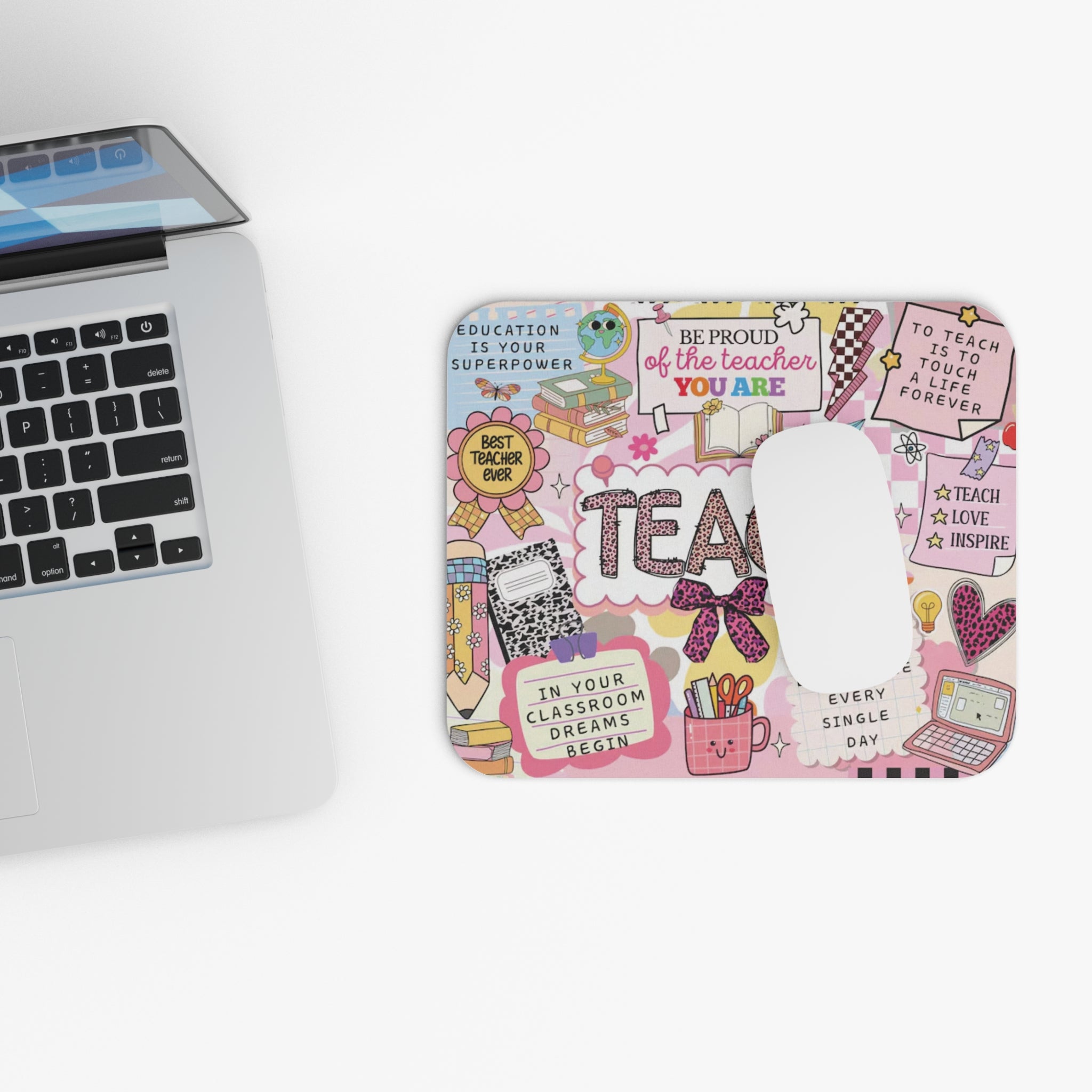 Teach, Inspire, Motivate Mouse Pad Teacher Desk Accessory with Uplifting Quote