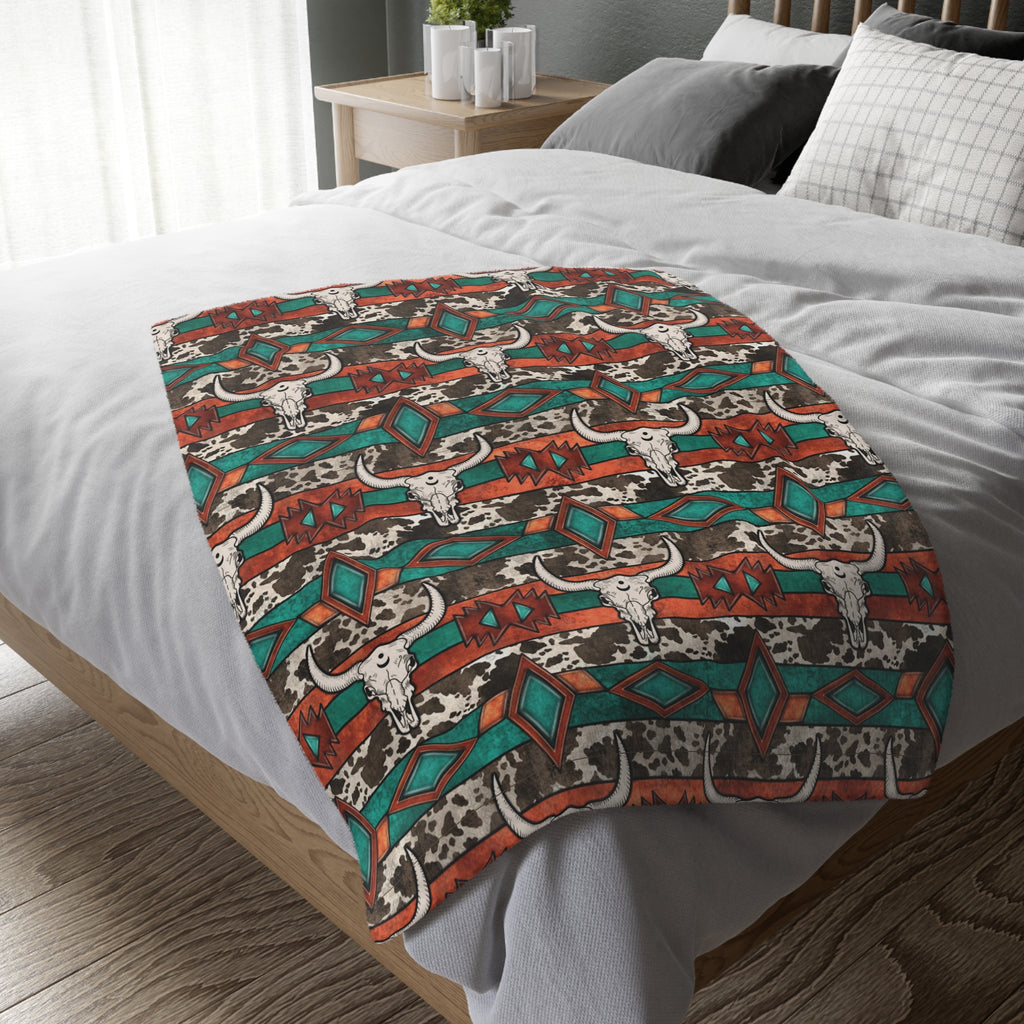 Cowhide Canyon Skull Throw Fleece Throw Blanket (Two size Options)