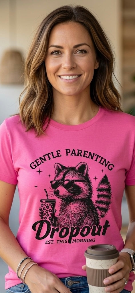 Gentle Parenting Dropout Humorous Raccoon Graphic Tee - Pink (Size S)