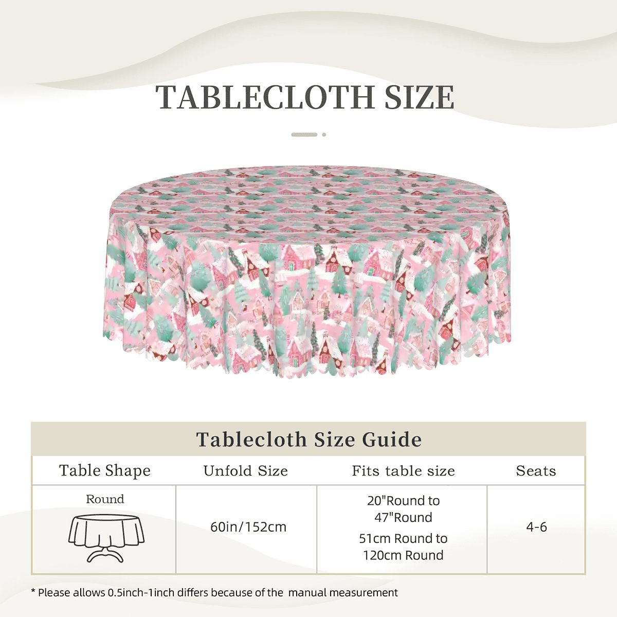 Pink Wonderland Christmas Round Tablecloth with Wavy Edge 60"