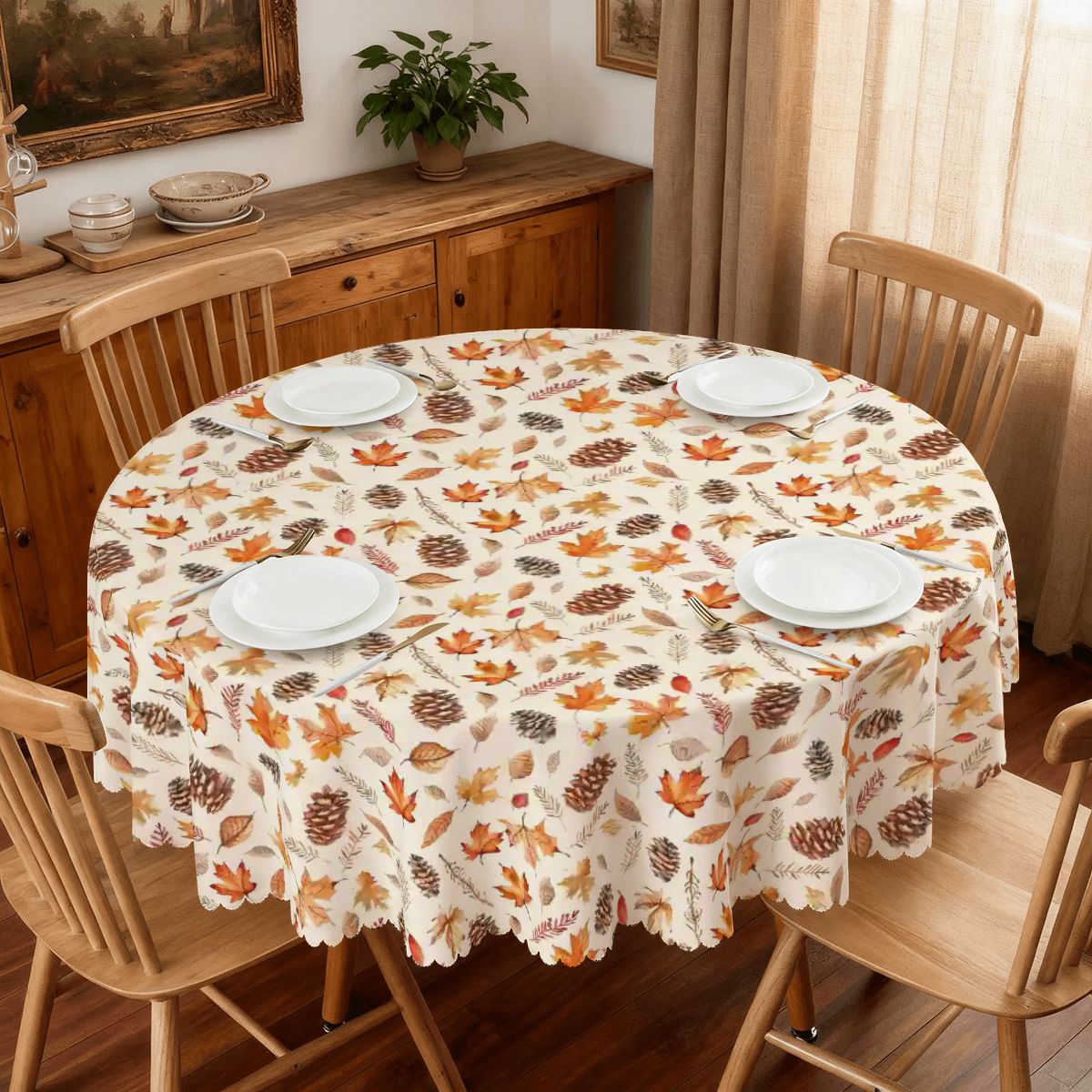 Fallen Leaves and Fir Cones Round Tablecloth with Wavy Edge 60"