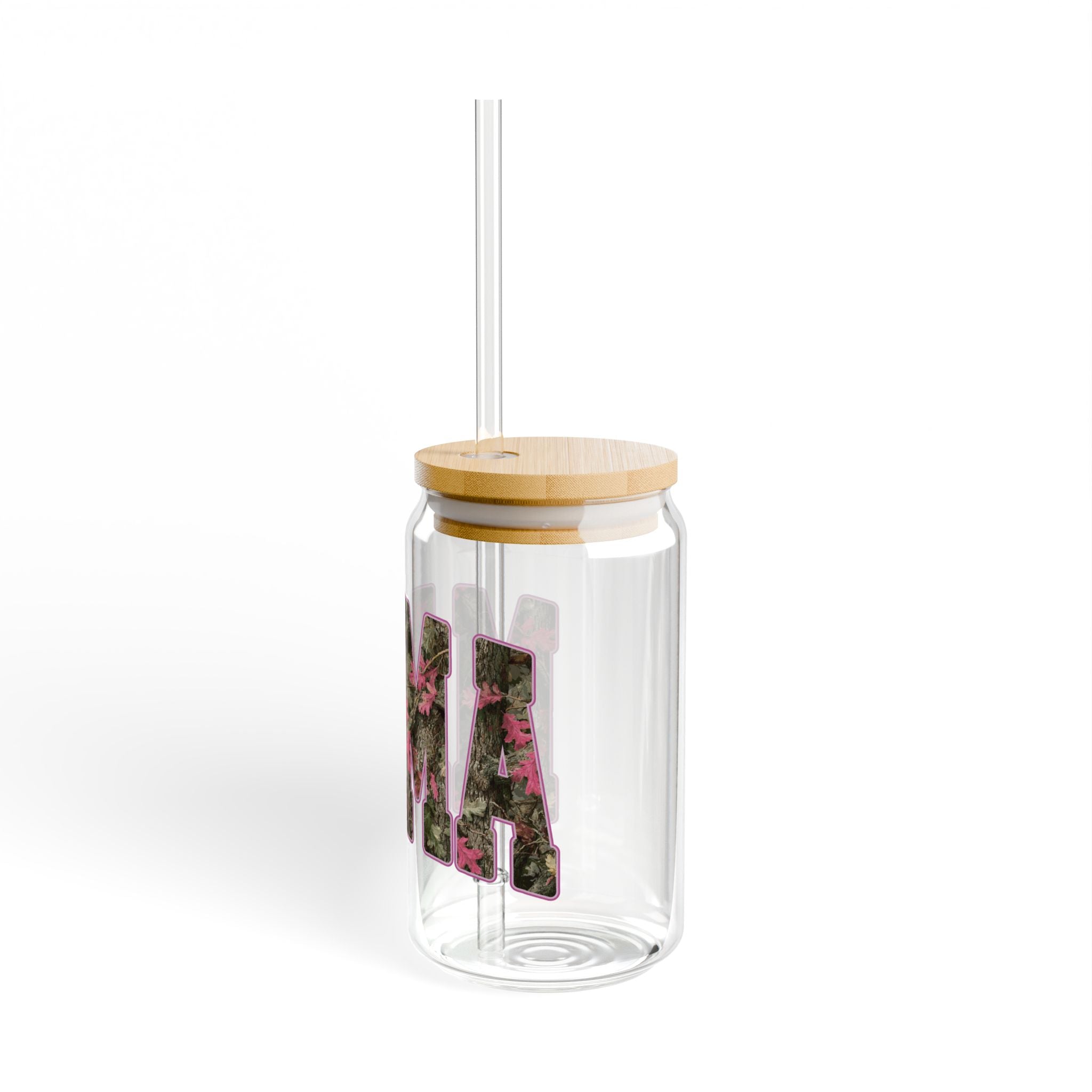 Pink Camouflage MAMA 16oz Glass Can Tumbler with Lid & Reusable Straw