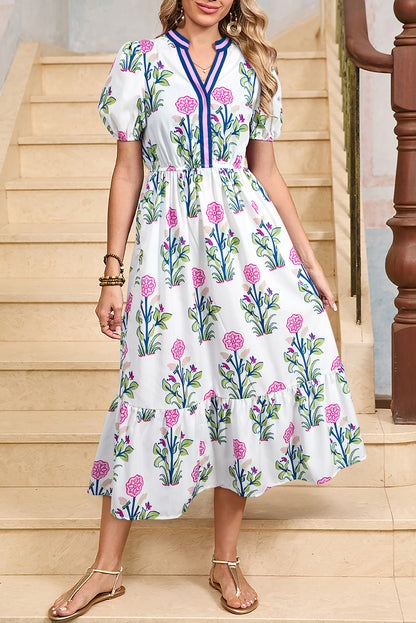 Floral Ruffle Hem Pop of Color Neckline Dress