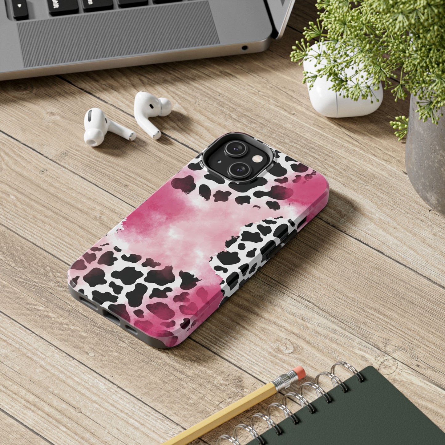 Pink Watercolor Cow Print Blend iPhone Tough Phone Case