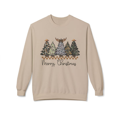 Cowboy Camouflage Merry Christmas Trees Fleece Crewneck Sweatshirt