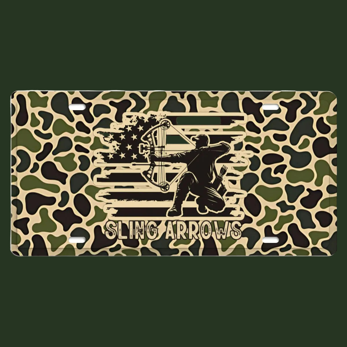 Sling Arrows Old Skool Camouflage Bowhunter Vehicle Decor License Plate 12" × 6"
