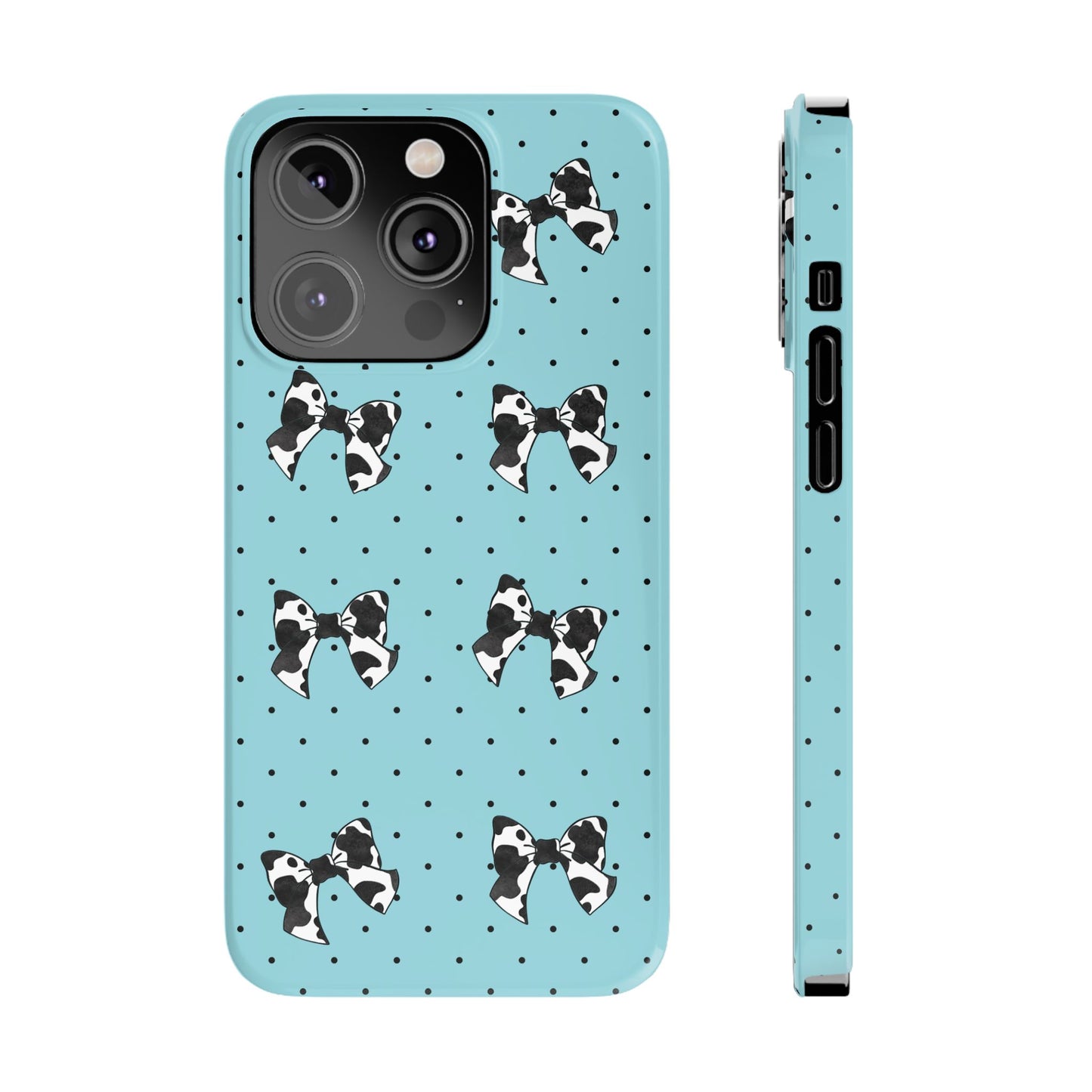 Cow Print Coquette Bow & Polka Dot Teal Slim iPhone Case