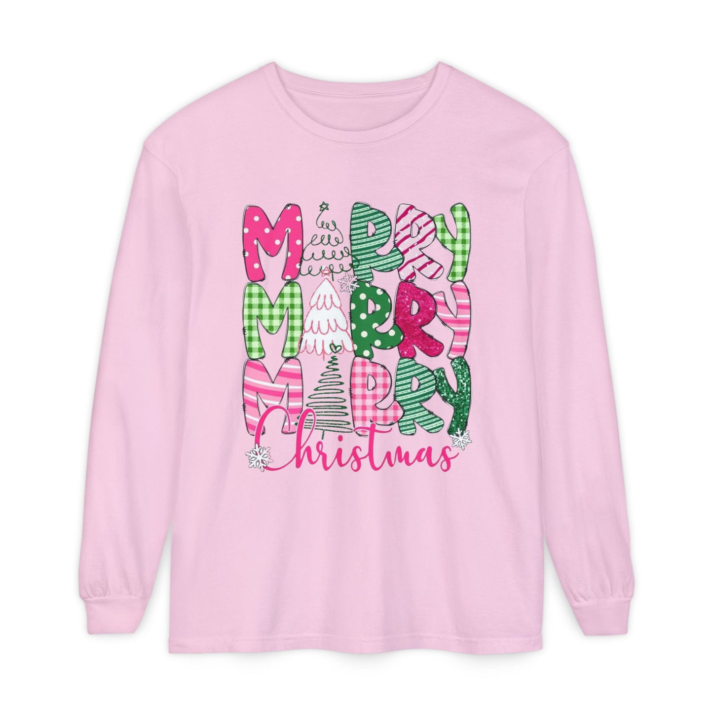 Merry Merry Merry Christmas Pink & Green Design Long Sleeve T-Shirt