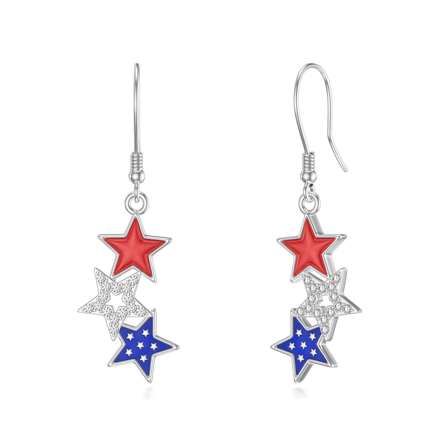 Sterling silver patriotic red white blue star dangle earrings main product view