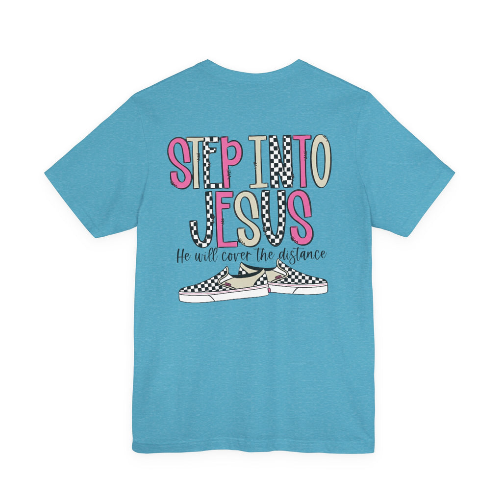 Step Into Jesus Checkered Sneakers Faith Women's Graphic T-Shirt