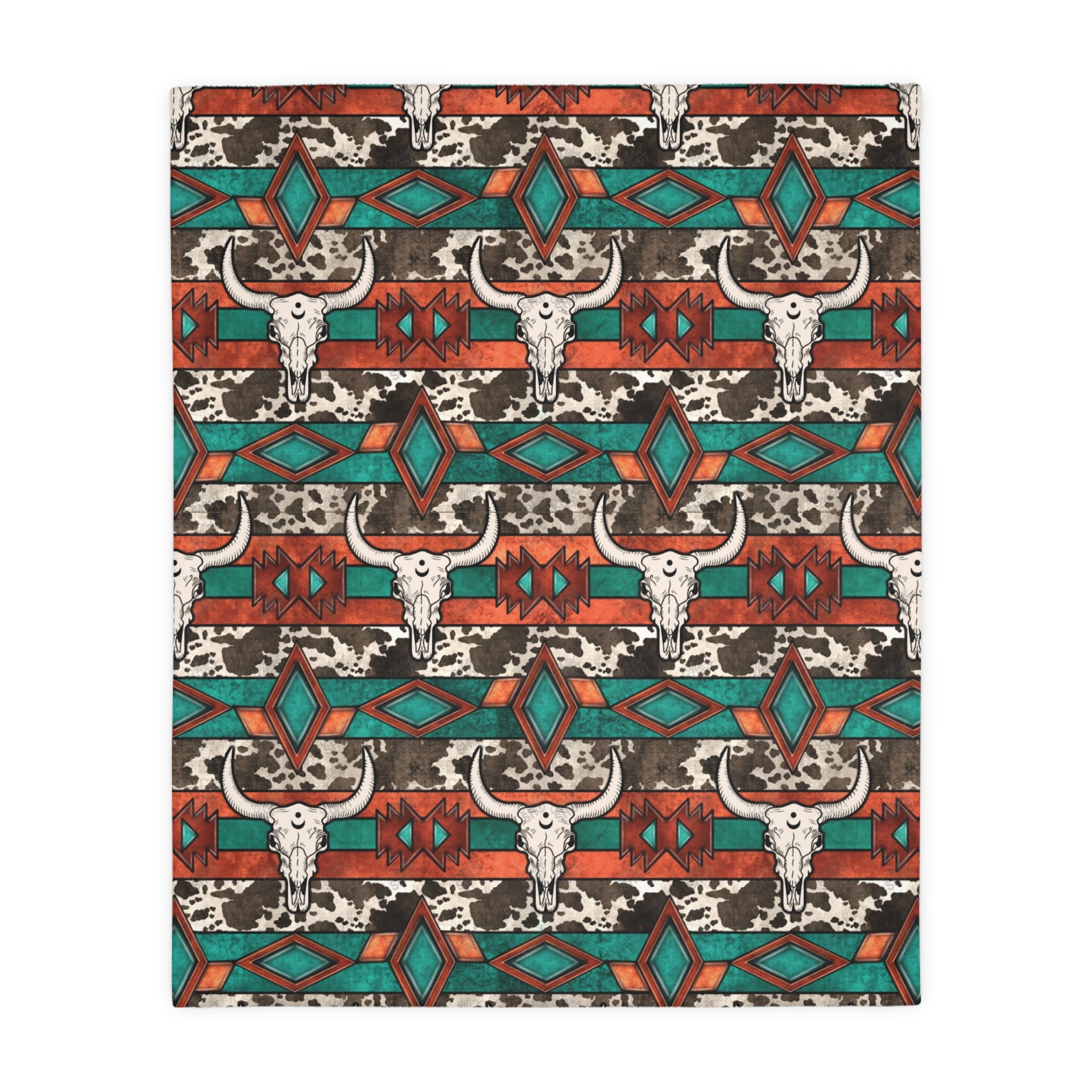 Patterned fabric with bull skull design and geometric shapes on a white background