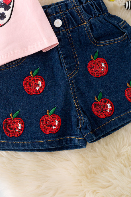Back to School Apple Sequins Angel Sleeve Top and Denim Short Girls Set