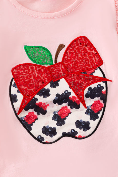 Back to School Apple Sequins Angel Sleeve Top and Denim Short Girls Set