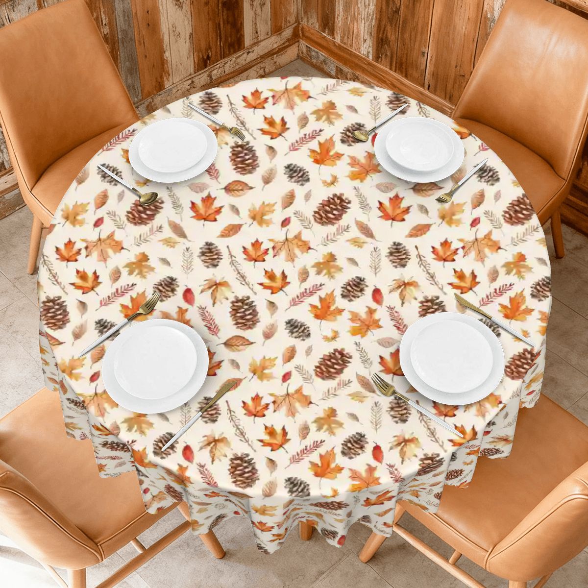Fallen Leaves and Fir Cones Round Tablecloth with Wavy Edge 60"