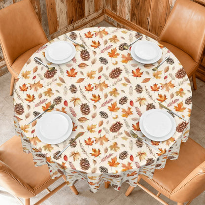 Fallen Leaves and Fir Cones Round Tablecloth with Wavy Edge 60"
