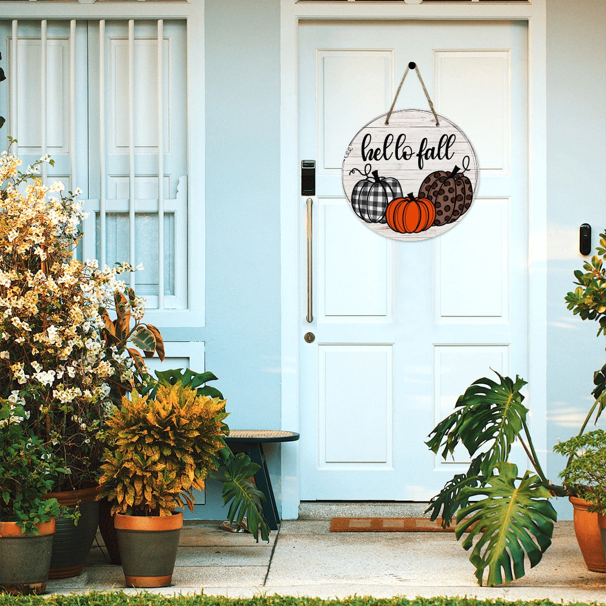 Hello Fall Pumpkin Trio Wooden Door Hanger