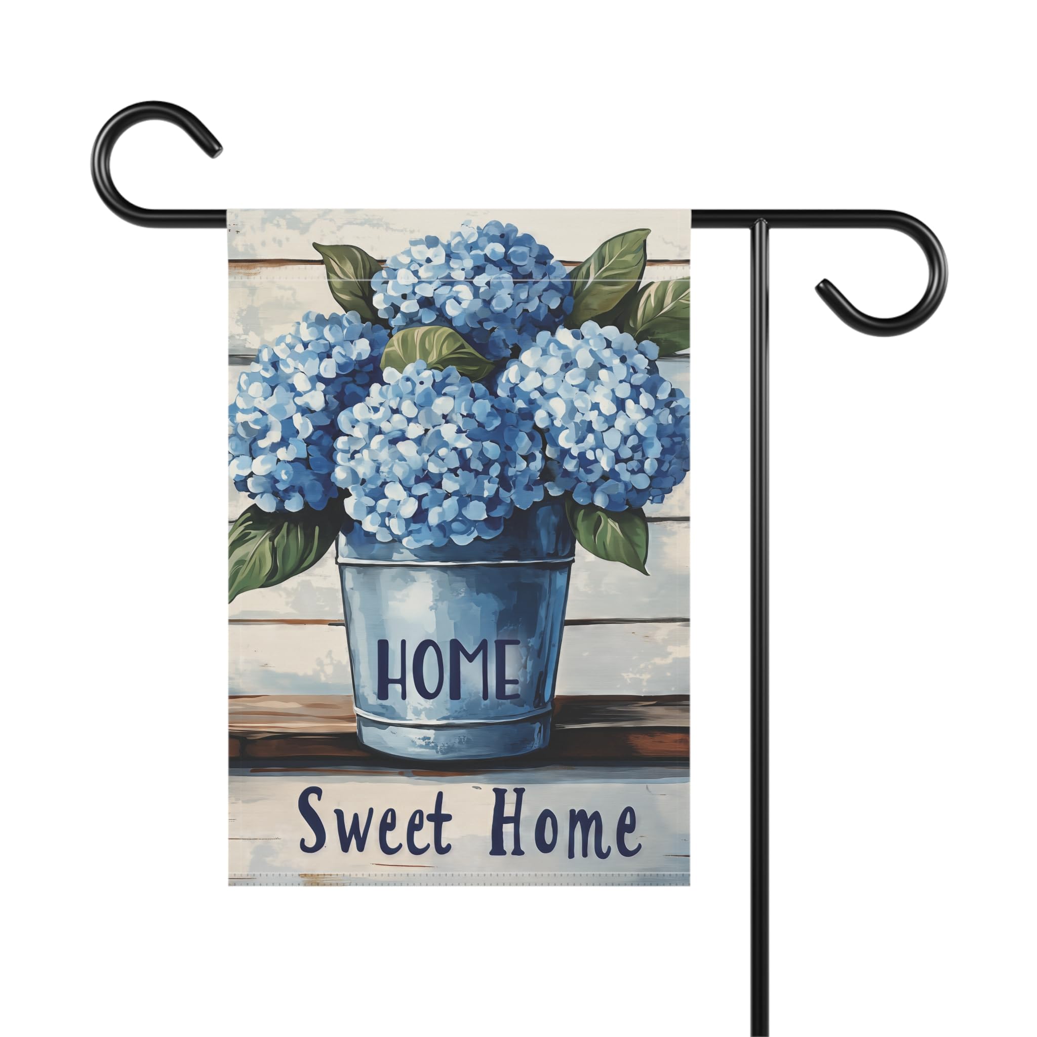 Home Sweet Home Garden Flag 12x18 – Blue Hydrangea Bucket Outdoor Yard Banner, Double‑Sided Rustic Floral Decor
