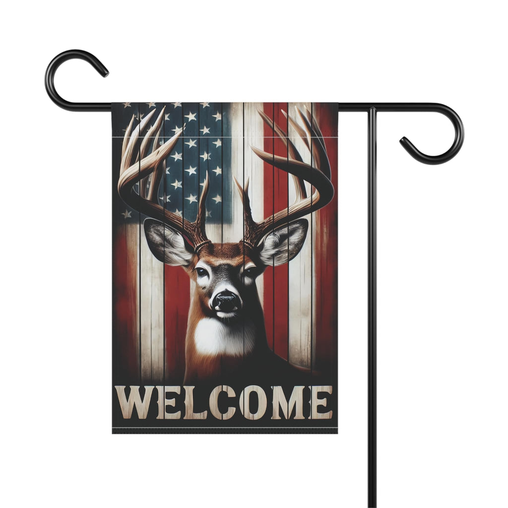 Patriotic Deer Welcome Garden Flag 12x18 – Double‑Sided Rustic American Flag Outdoor Yard Banner