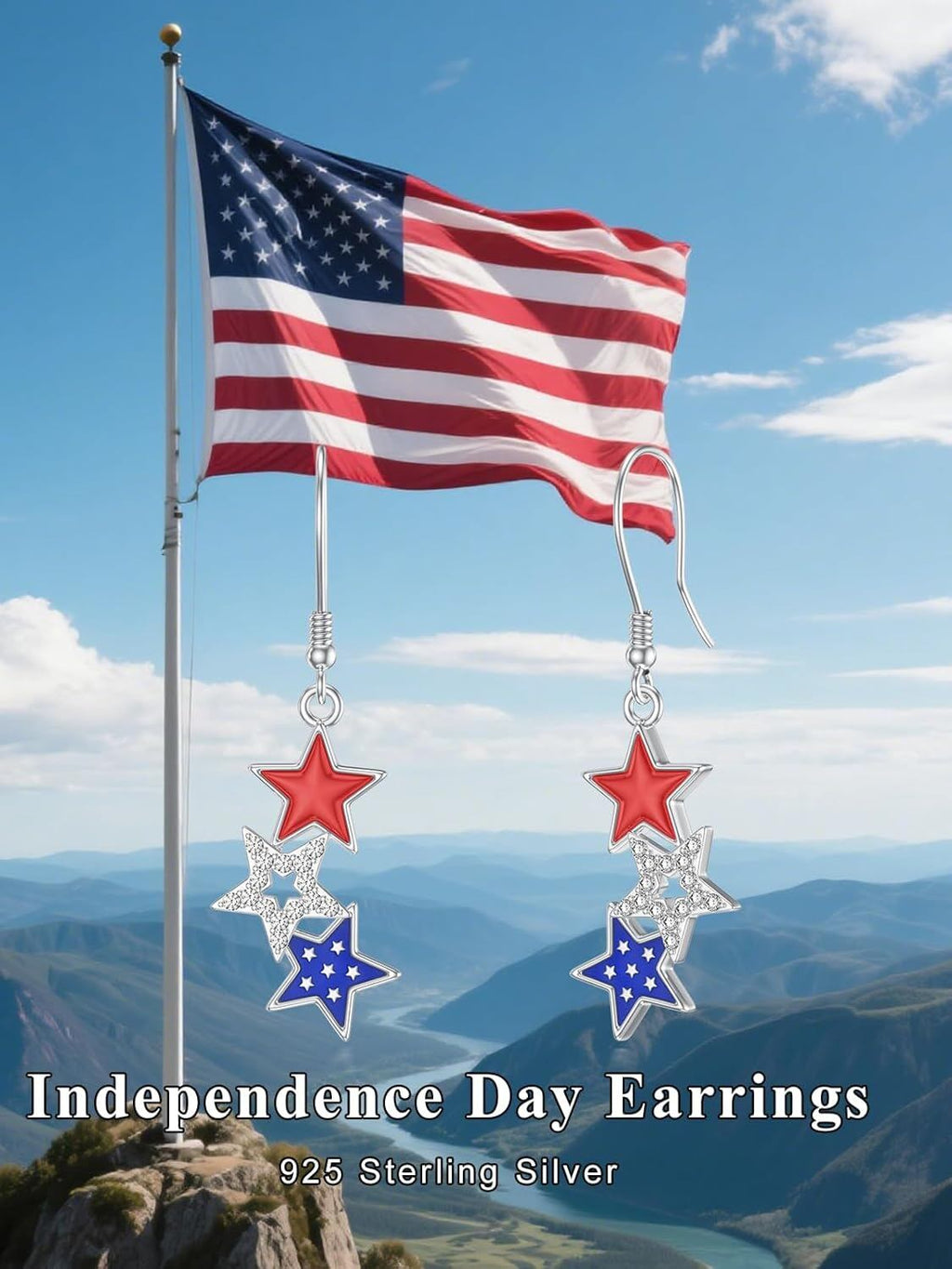 Sterling silver red white blue star dangle earrings shown over waving American flag