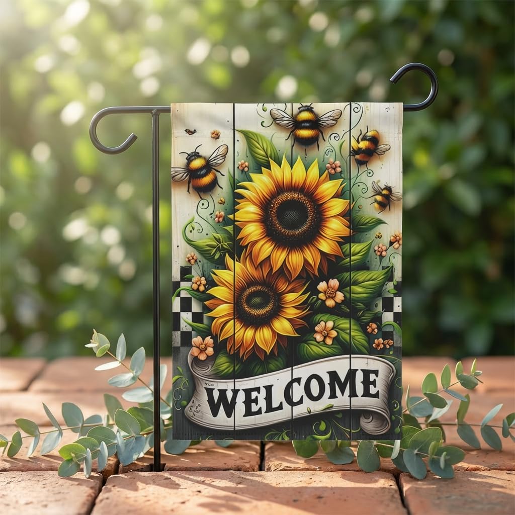 Sunflower Bee Welcome Garden Flag 12x18 – Double‑Sided Cottage Garden Outdoor Banner, Durable Poly Poplin‑Canvas