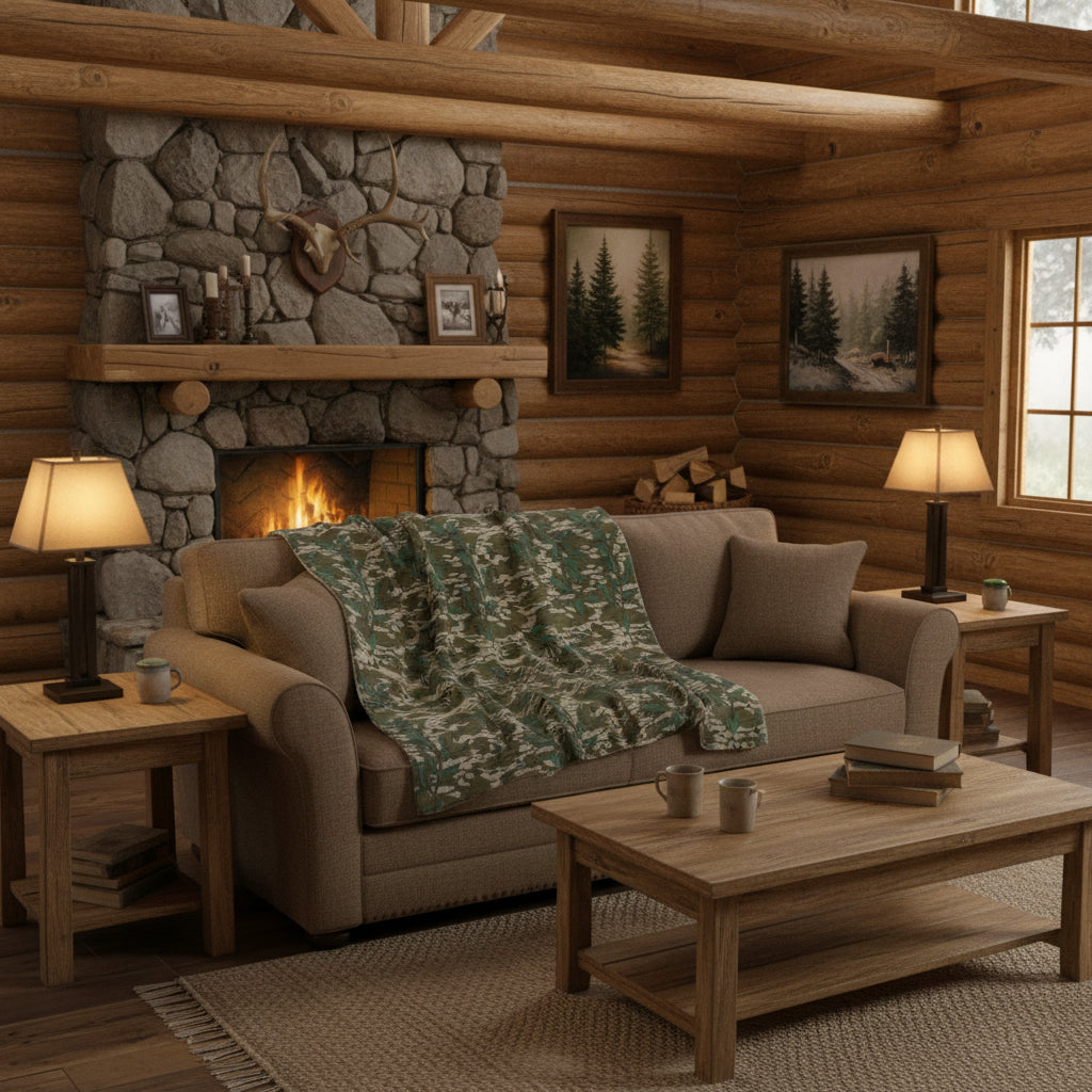 Camouflage patterned fabric on a white background