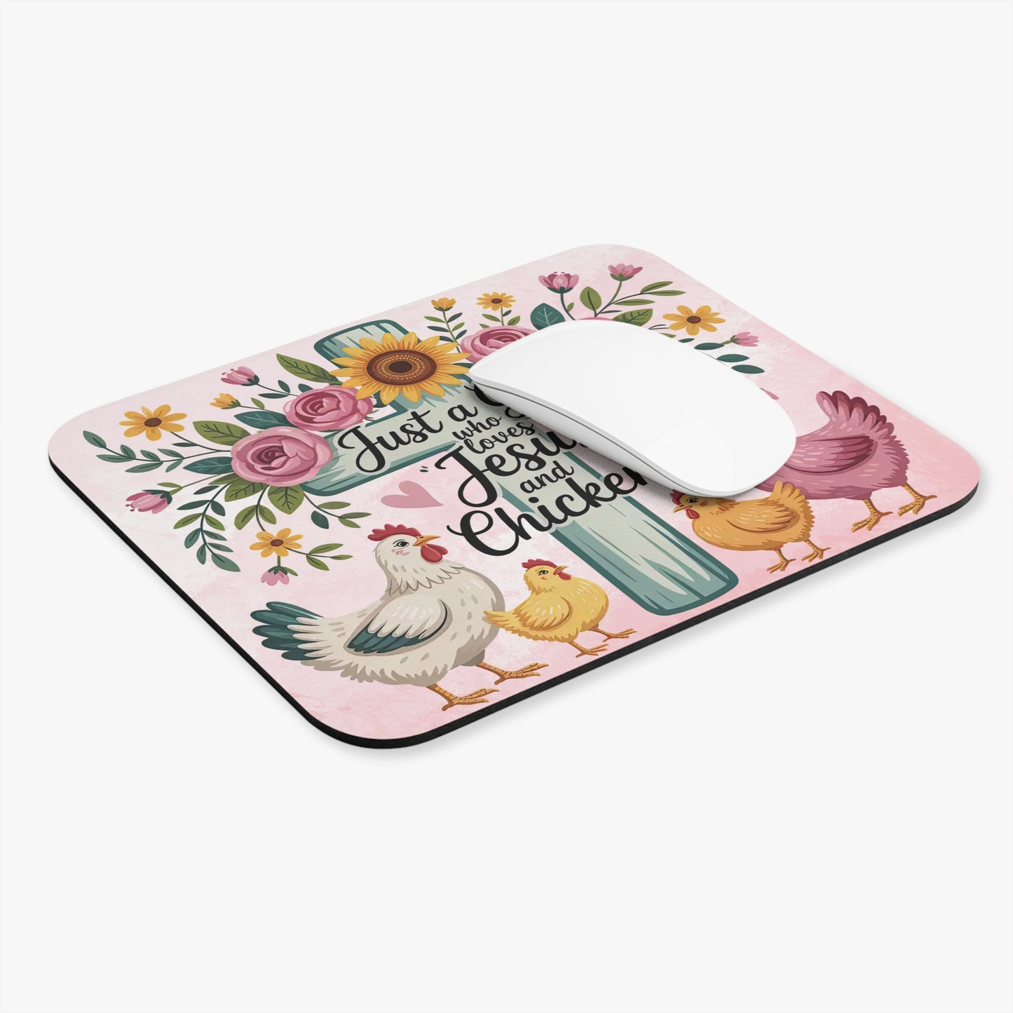 Rustic Floral Cross Mouse Pad Country Girl Faith and Chickens