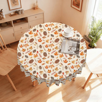 Fallen Leaves and Fir Cones Round Tablecloth with Wavy Edge 60"