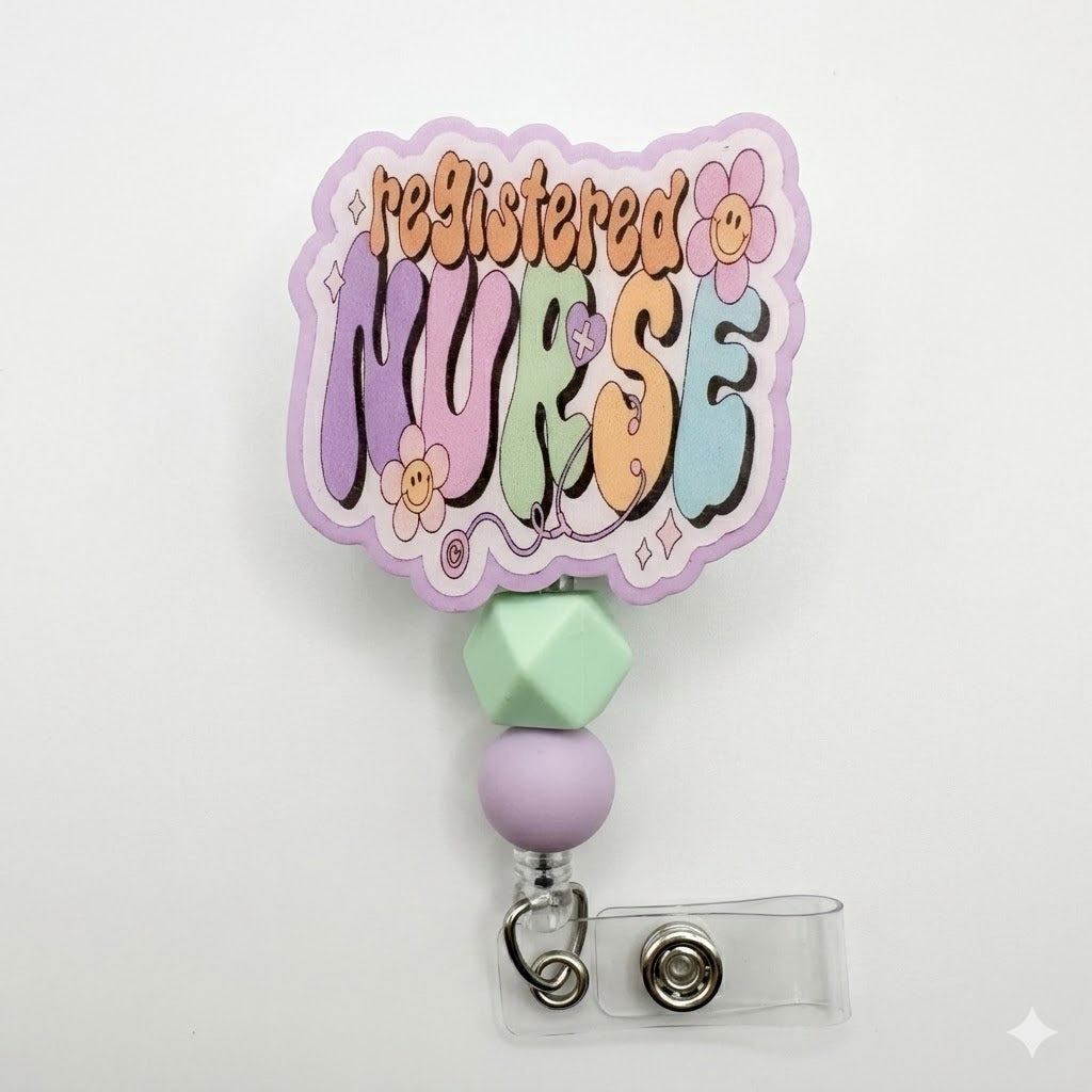 Retro Groovy Registered Nurse Badge Reel | RN Badge Holder with Beads, Colorful Nurse Gift