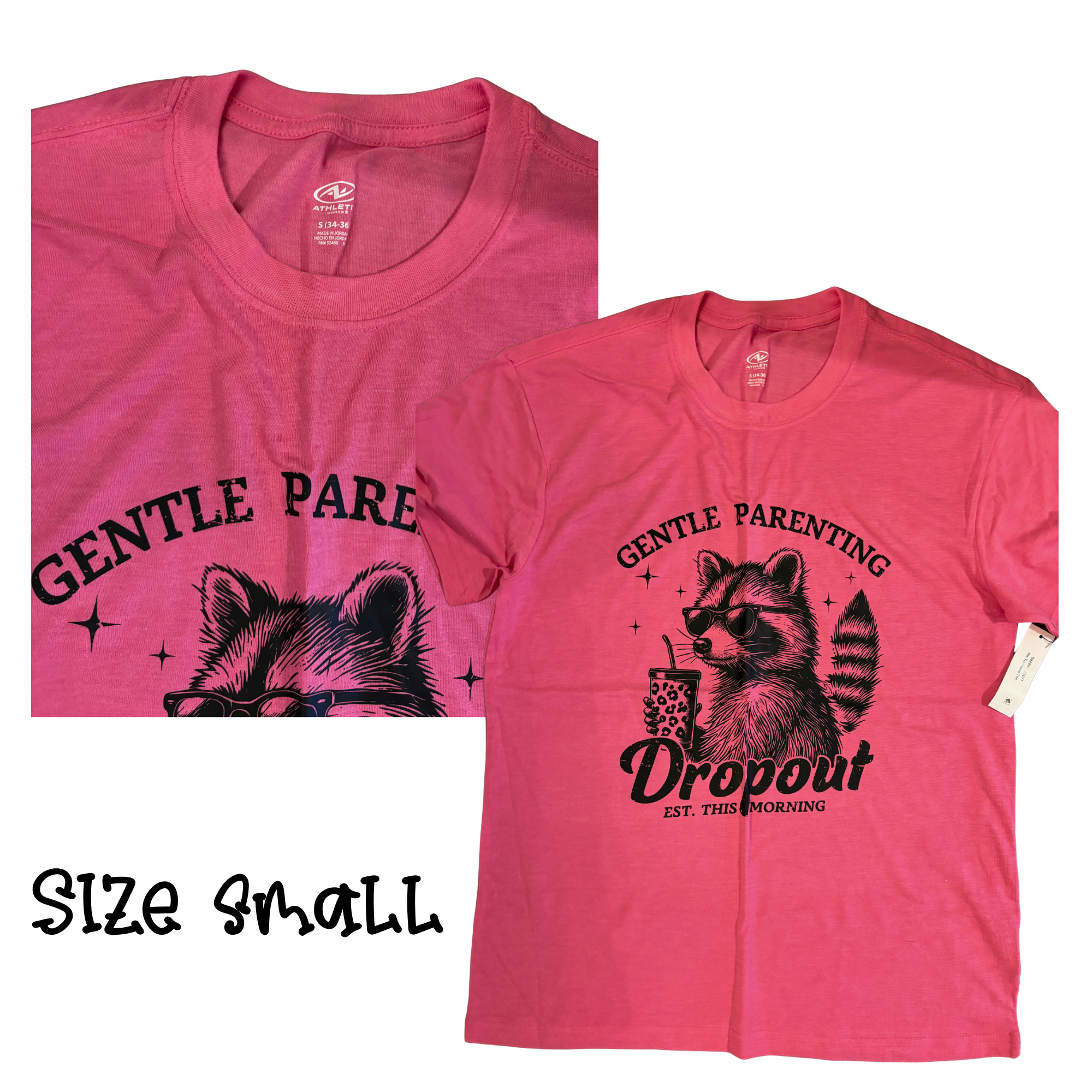 Gentle Parenting Dropout Humorous Raccoon Graphic Tee - Pink (Size S)