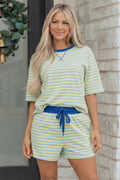 Yellow Stripe Drop Shoulder Boxy Casual Terry Short Set - Front view on model in yellow and blue stripe