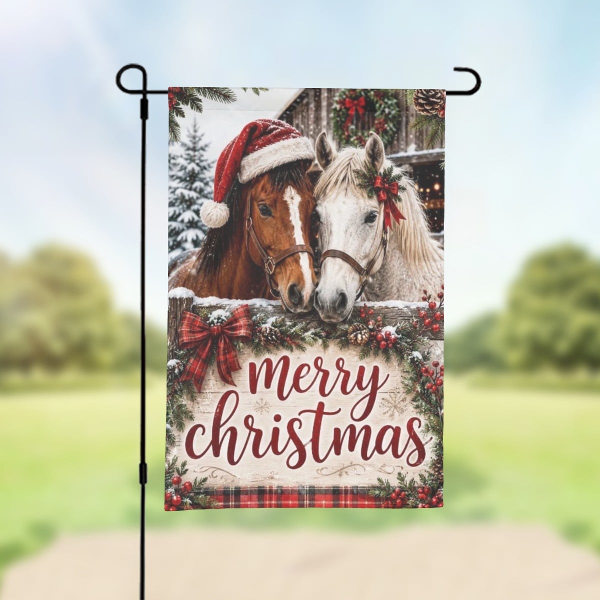 Merry Christmas Horse Farm Lightweight Outdoor Garden Flag Yard Decoration