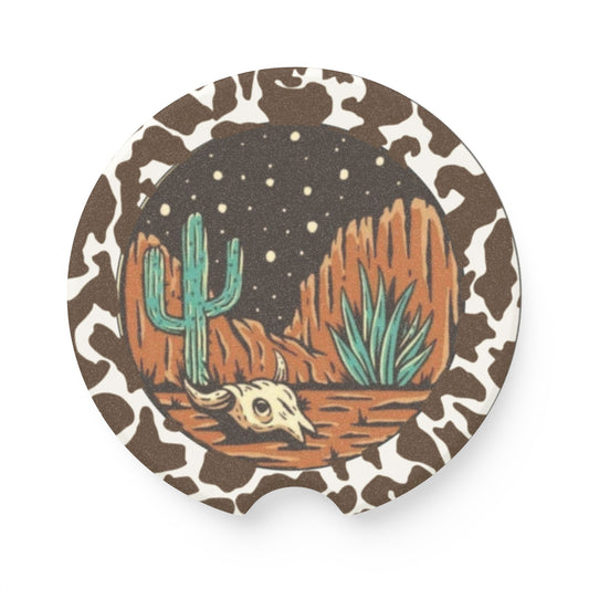 Western Desert Cow Print Ceramic Car Coasters - 2 Pack
