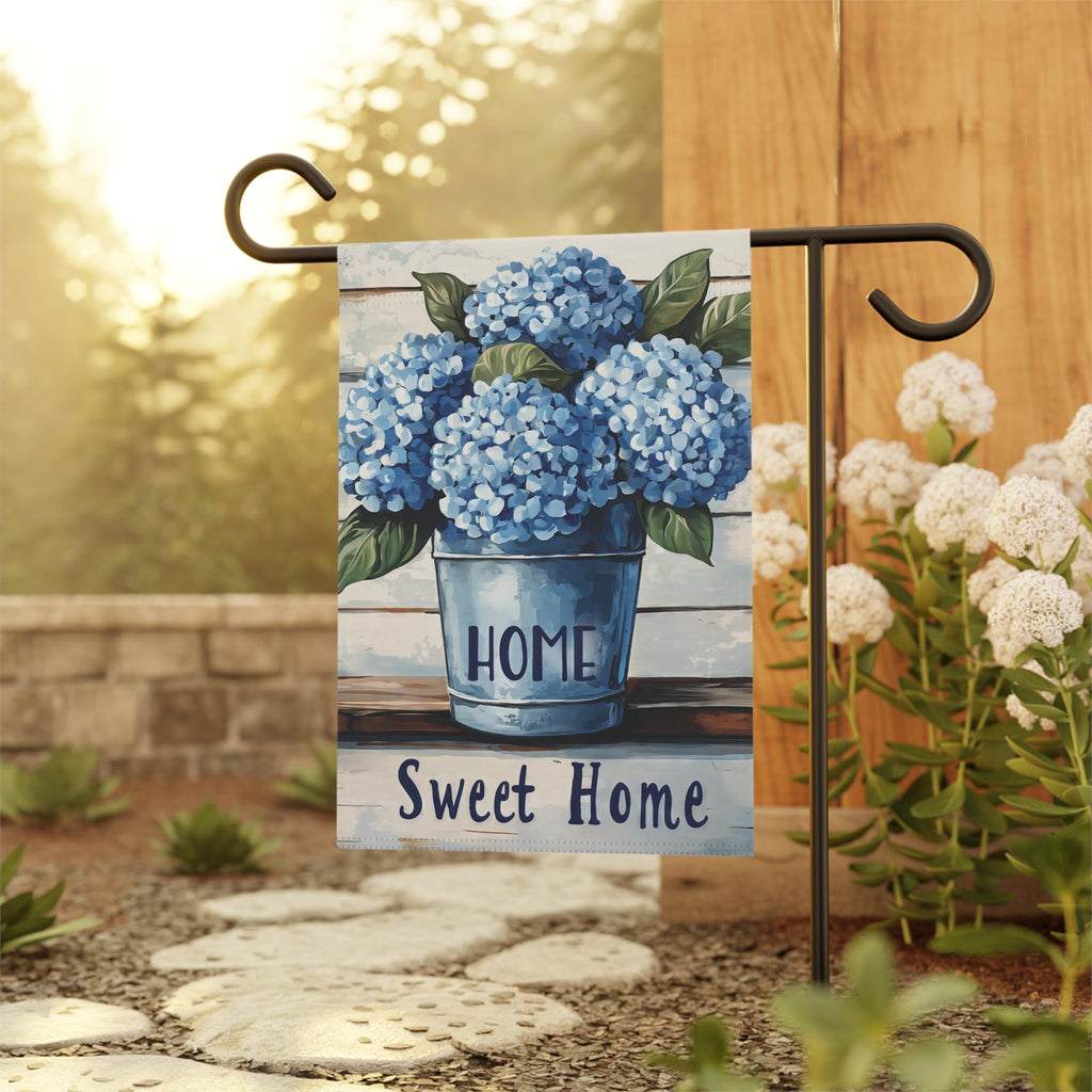 Home Sweet Home Garden Flag 12x18 – Blue Hydrangea Bucket Outdoor Yard Banner, Double‑Sided Rustic Floral Decor