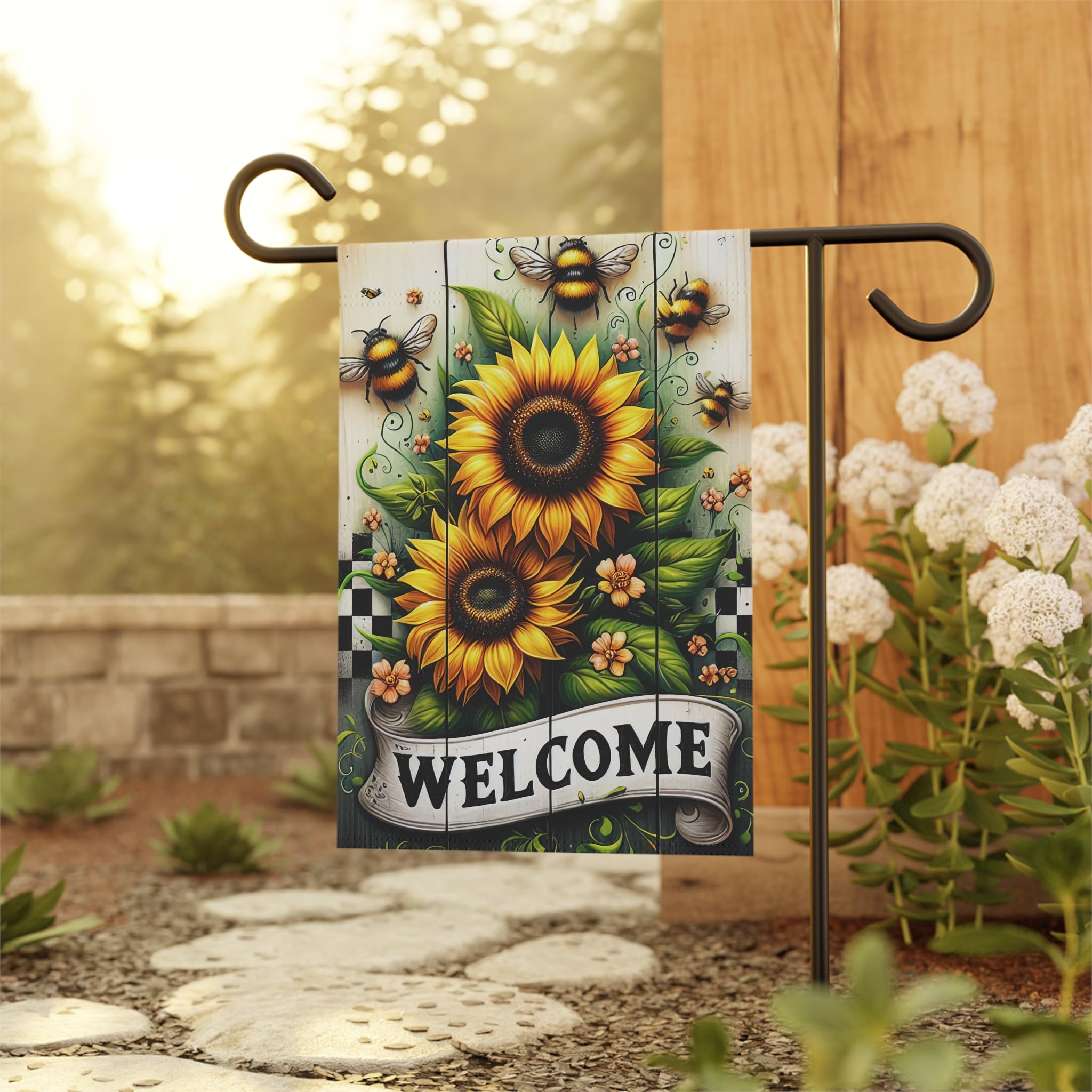 Sunflower Bee Welcome Garden Flag 12x18 – Double‑Sided Cottage Garden Outdoor Banner, Durable Poly Poplin‑Canvas