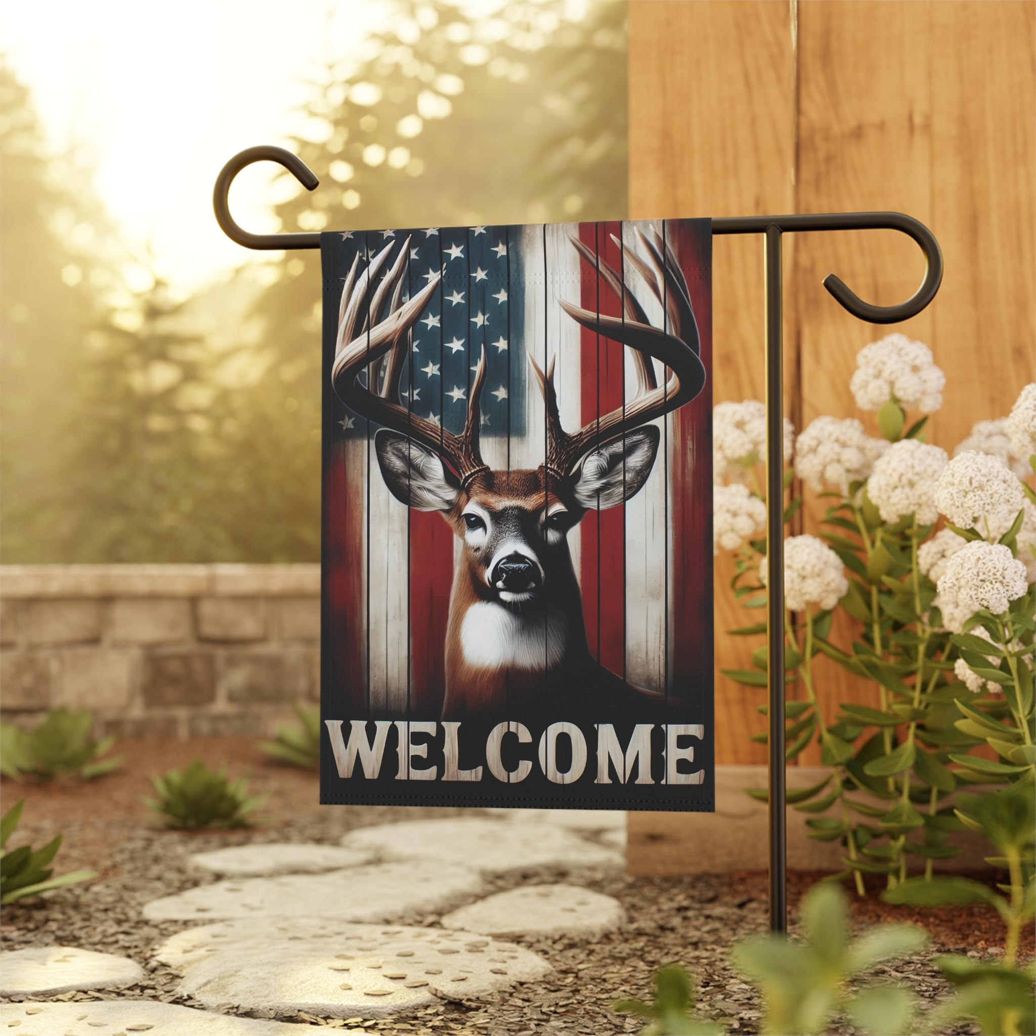 Patriotic Deer Welcome Garden Flag 12x18 – Double‑Sided Rustic American Flag Outdoor Yard Banner