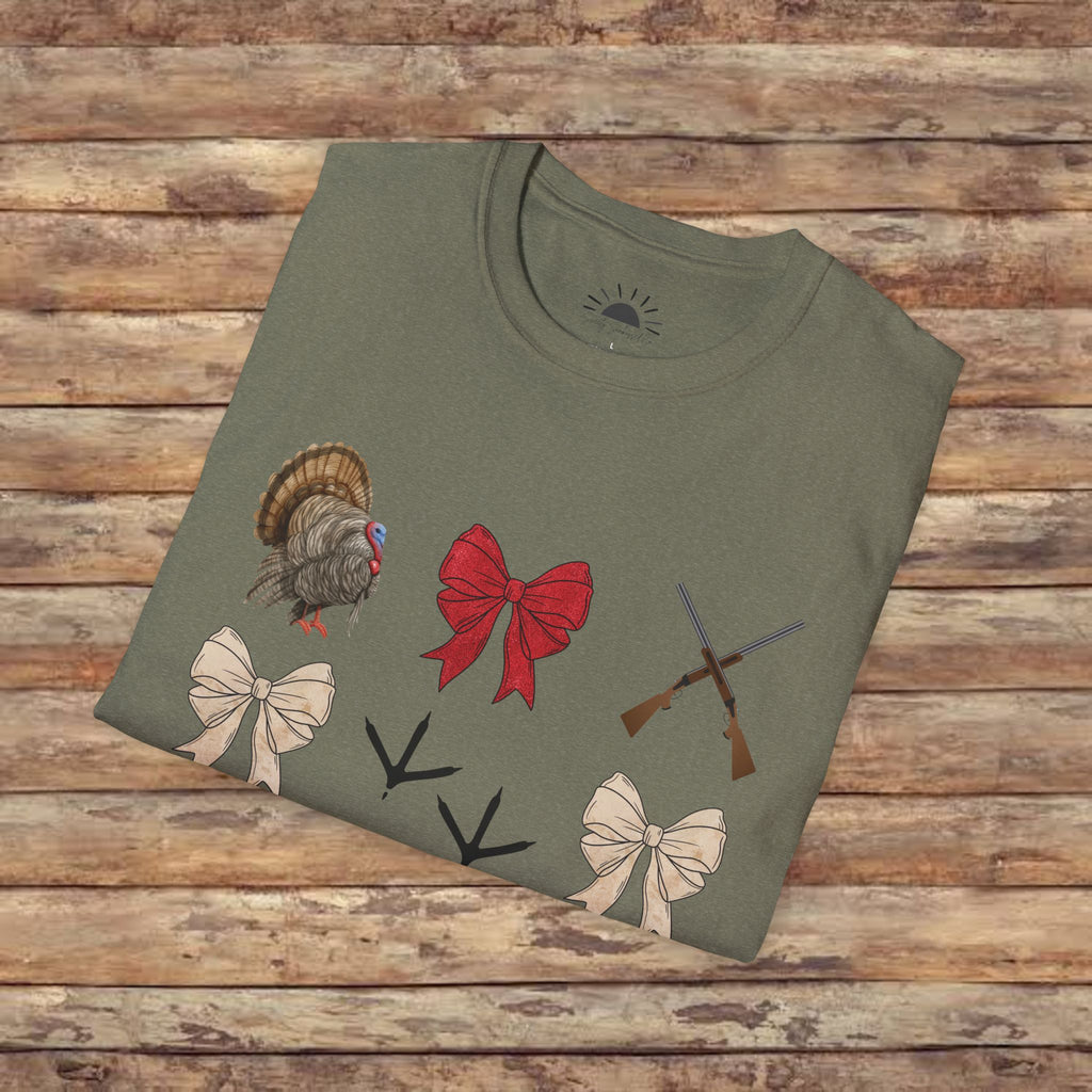 Turkeys, Glitter, and Bows: Coquette Female Hunting  Softstyle T-Shirt