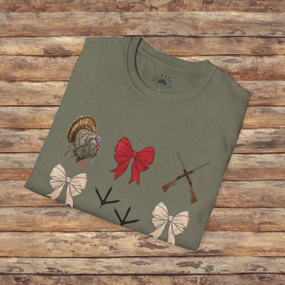 Turkeys, Glitter, and Bows: Coquette Female Hunting  Softstyle T-Shirt