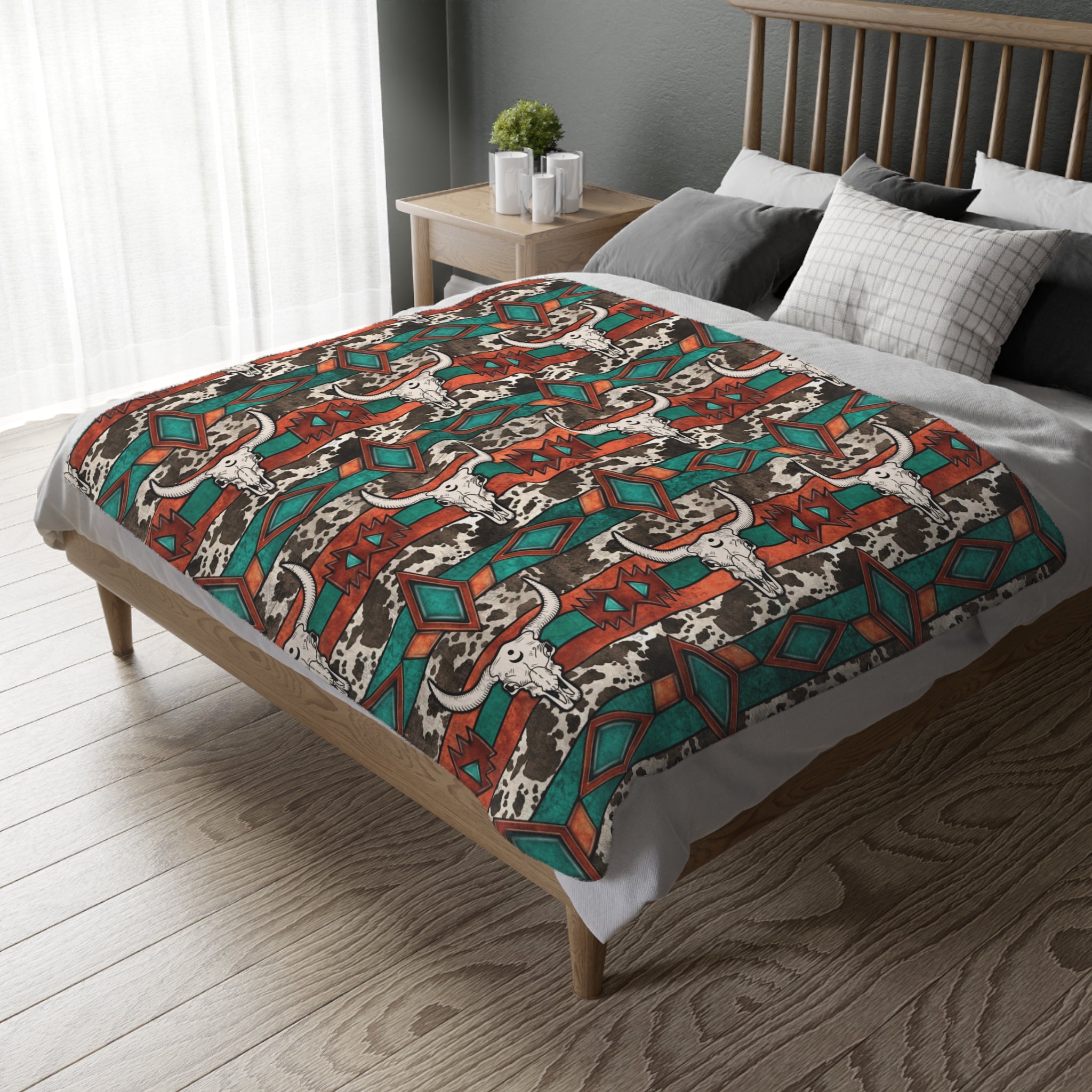 Cowhide Canyon Skull Throw Fleece Throw Blanket (Two size Options)
