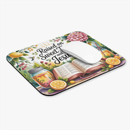 Faith and Sweet Tea Mouse Pad  Floral Bible Verse Design