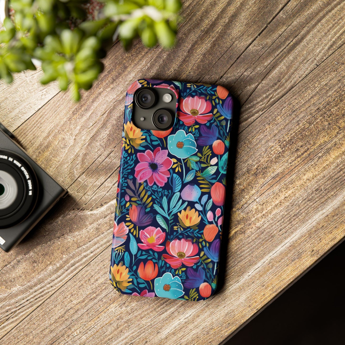 Midnight Garden Navy Bright Floral Slim iPhone Case