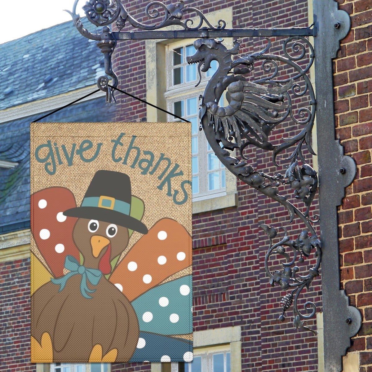 Give Thanks Turkey Thanksgiving Linen Outdoor Garden Flags Yard Decorations