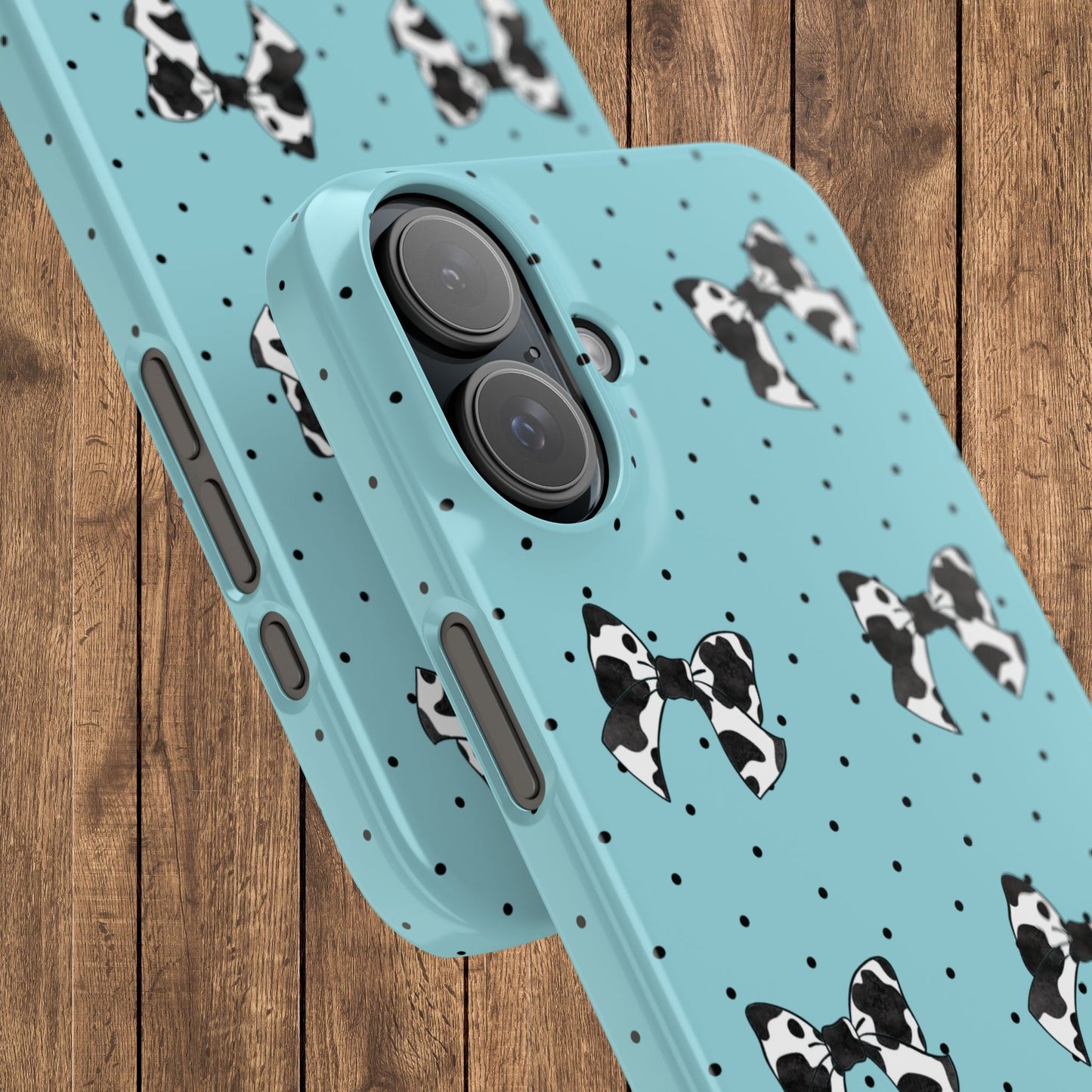 Cow Print Coquette Bow & Polka Dot Teal Slim iPhone Case