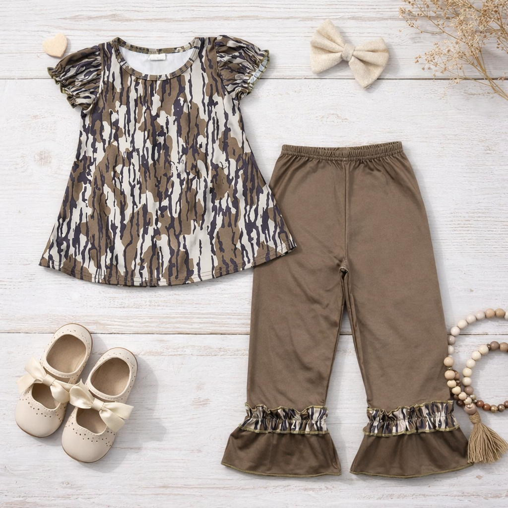 Girls’ Bottomland Camo Tunic & Ruffle Pants Set – Boutique Outfit