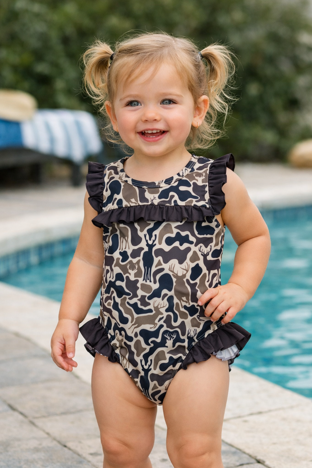 Infant and Children's Camo & Deer Ruffle Swimsuit – Boutique One‑Piece