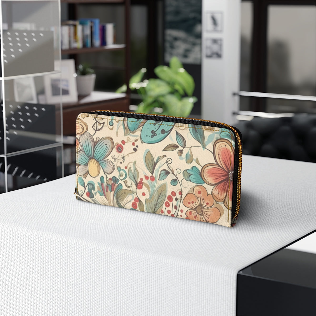 Boho Rustic Floral Womens Zipper Wallet