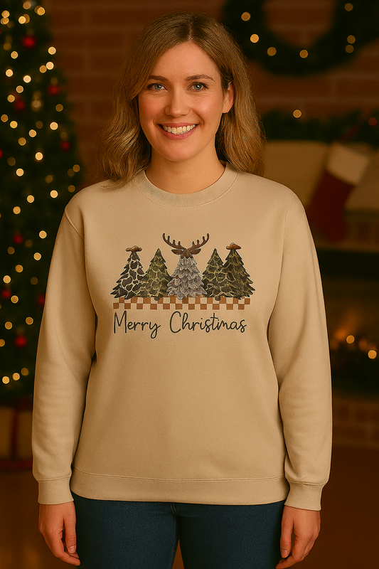 Cowboy Camouflage Merry Christmas Trees Fleece Crewneck Sweatshirt