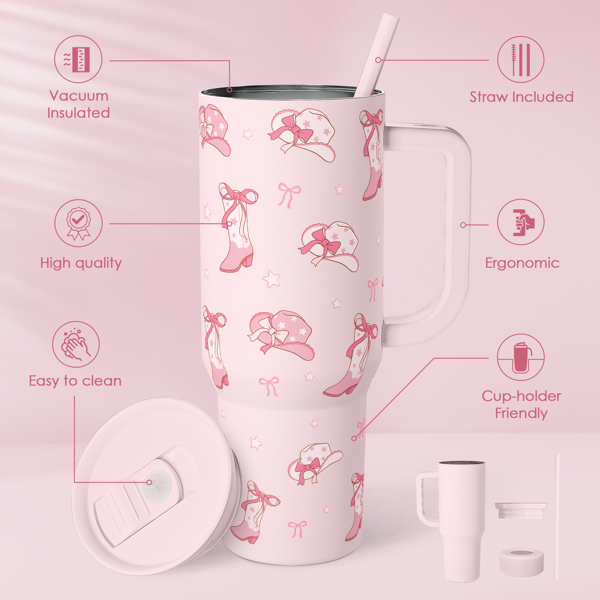 Pink Bow Cowgirl 40oz Slider Tumbler with Handle and Straw